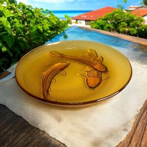 Vintage Signed KIG 3D Koi Fish Glass Decorative Amber Gold Bowl Plate